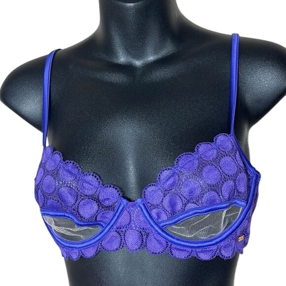 Savage x fenty purple lace mesh polka dot coquette underwire unpadded bra 34A - Picture 1 of 4